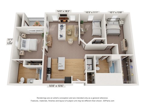 Floor plan for 3 beds, 2 baths, 1328 sqft